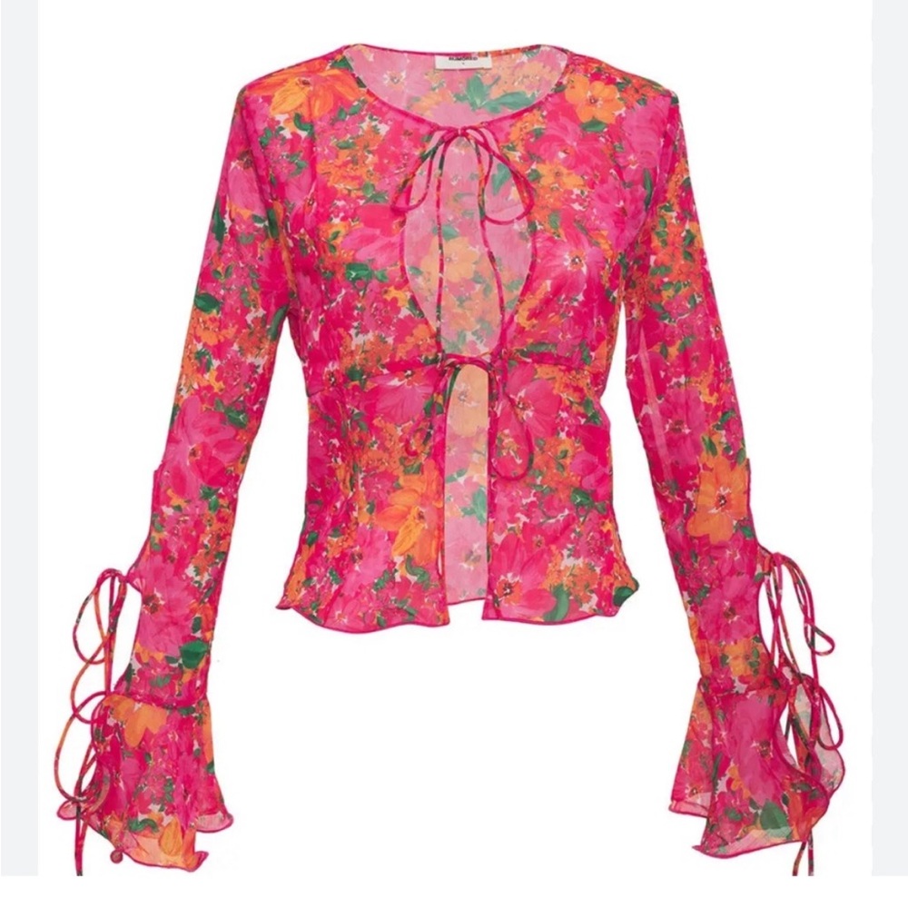 Rumored Pink & Orange Floral Tie-Front Blouse